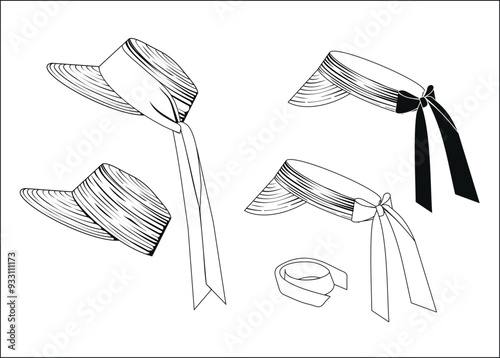 Vector drawing of a straw hat with a ribbon. Vector drawing of a visor.