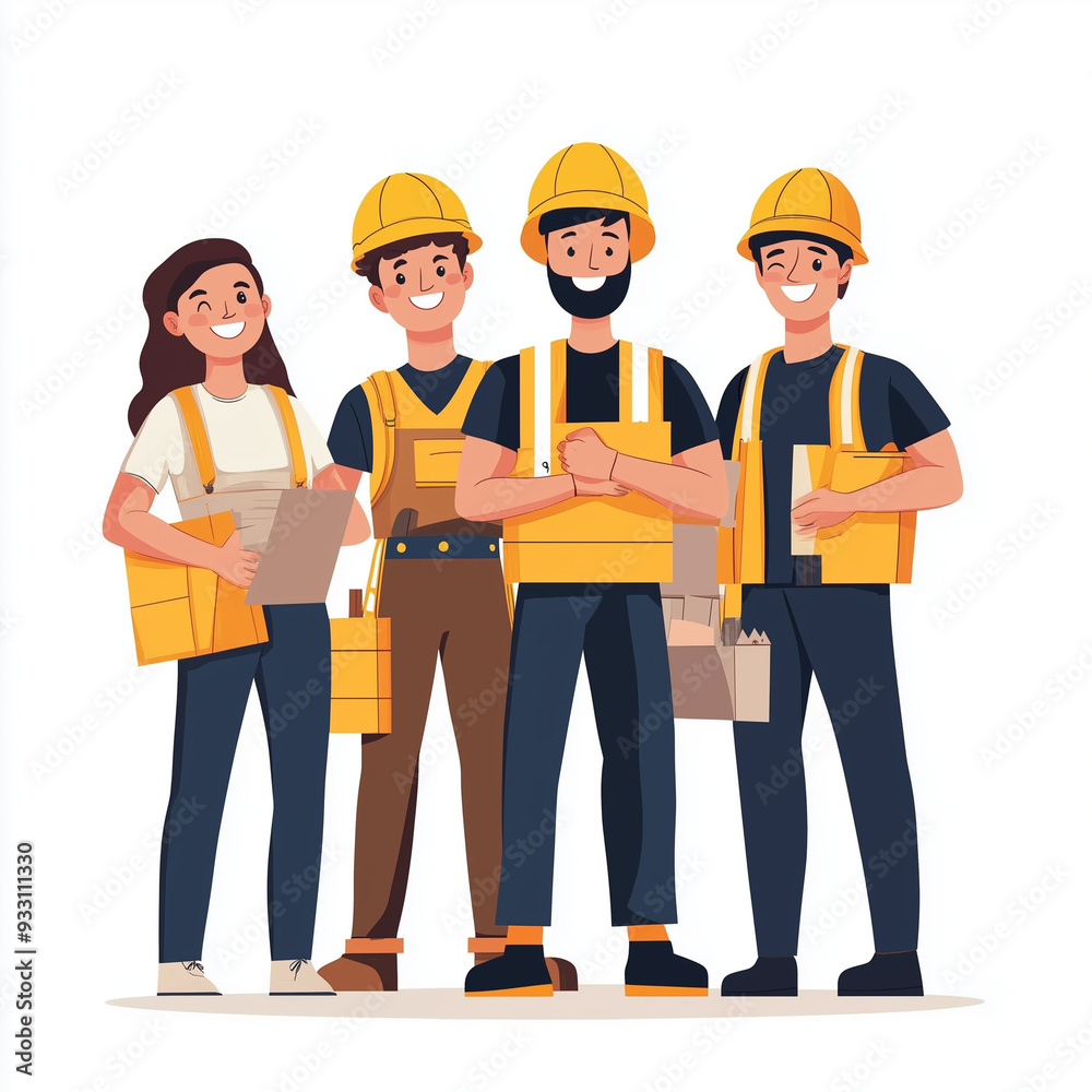 group of happy young student construction worker in safety gear, An illustration composed of simple minimalist aspects. The background is white group of happy young student construction worker in safety gear, An illustration composed of simple minimalist aspects. The background is white