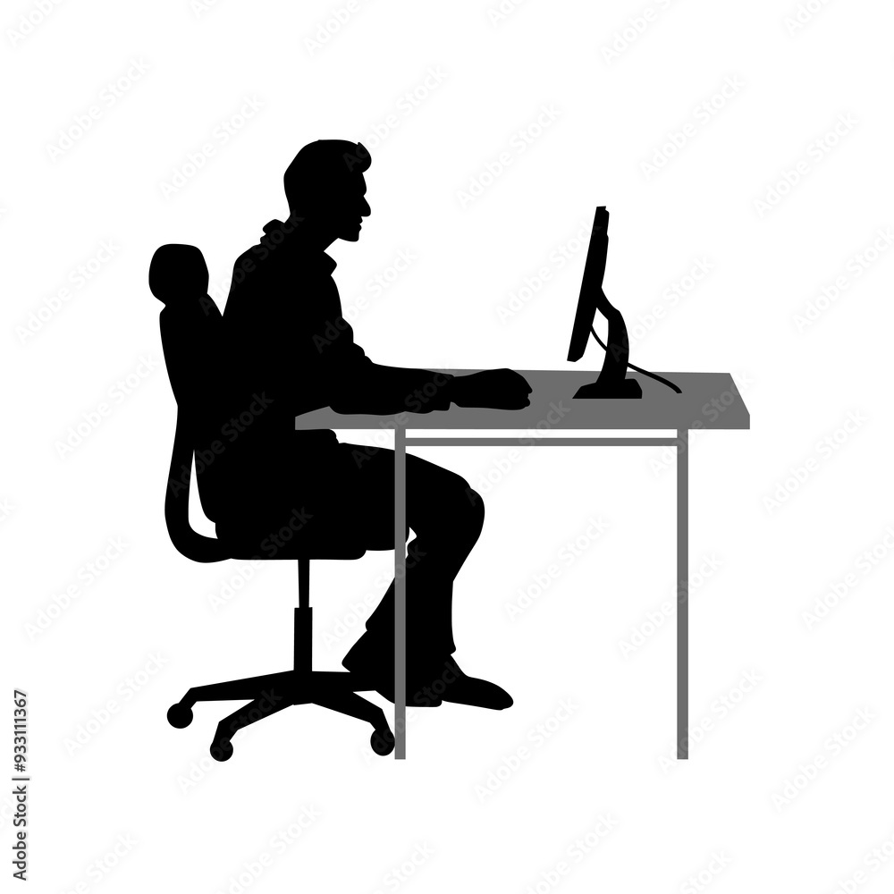 Fototapeta premium Vector Art Cartoon Silhouette of a Man Working from Home Office