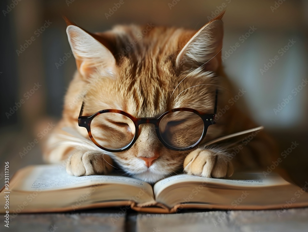A curious cat with glasses reading a book indoors during a cozy afternoon A curious cat with glasses reading a book indoors during a cozy afternoon