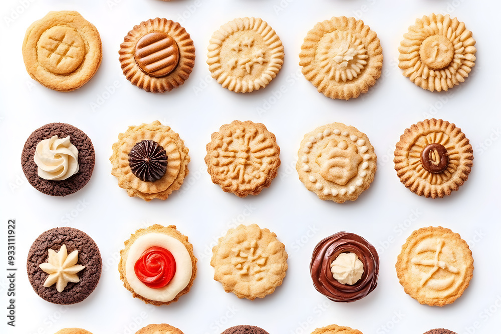Collection of round cookie cookies biscuit, classic and nut set top view isolated on white background. Collection of round cookie cookies biscuit, classic and nut set top view isolated on white background.