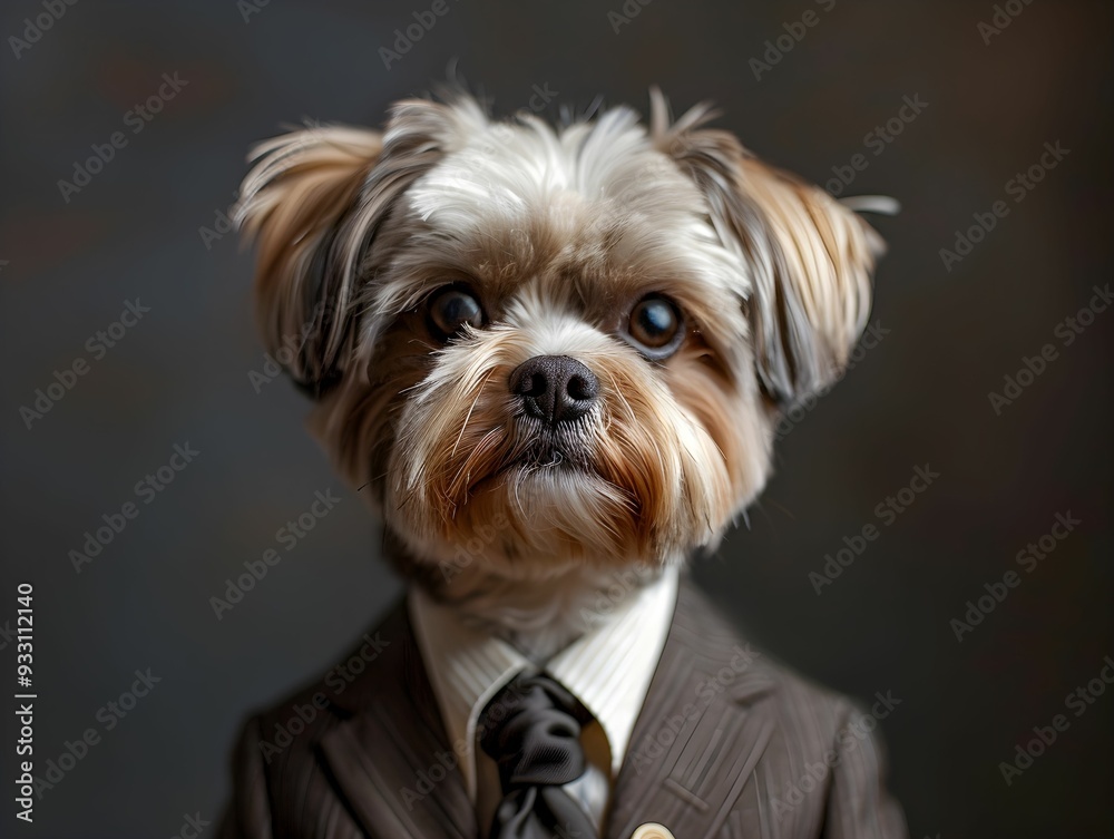 A small dog in a tailored suit poses for a portrait against a textured background A small dog in a tailored suit poses for a portrait against a textured background