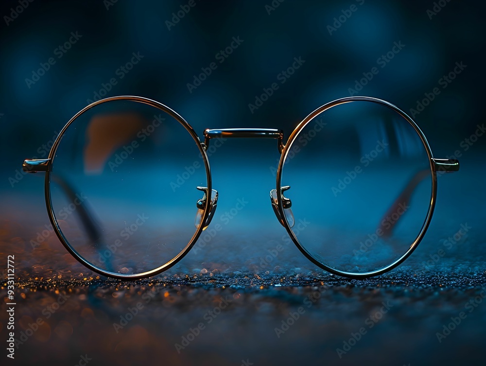 A close-up view of round glasses resting on a textured surface illuminated by soft blue lighting A close-up view of round glasses resting on a textured surface illuminated by soft blue lighting