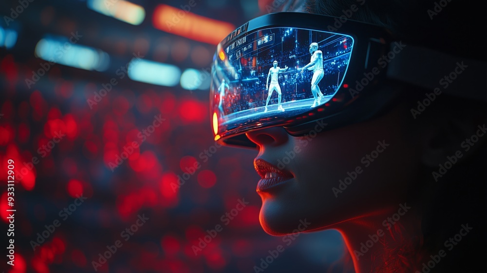 A person experiences immersive virtual reality as they watch a thrilling performance on stage under colorful lights in a packed arena.