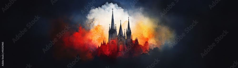 Majestic Gothic Cathedral in Watercolor Style under a Stormy Sky with Towering Spires Majestic Gothic Cathedral in Watercolor Style under a Stormy Sky with Towering Spires