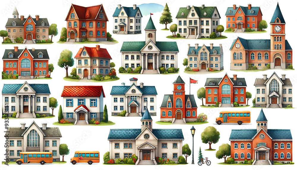Obraz premium Watercolor clip art of various school buildings on a white background