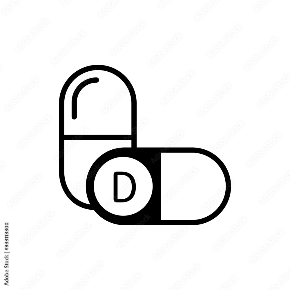 Vitamin D capsule icon. Bold black outline. Simple vector healthcare symbol. Minimalist design.