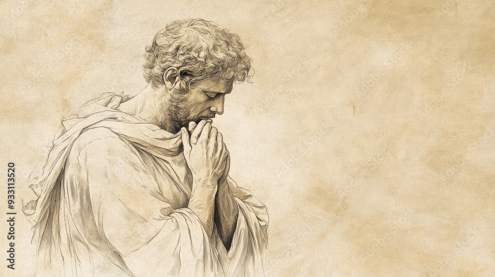 Fototapeta premium Biblical Illustration of David in Seclusion with Hand Over Heart, Praying Earnestly for Protection Against Secret Plots of the Wicked, Psalms 64 Theme