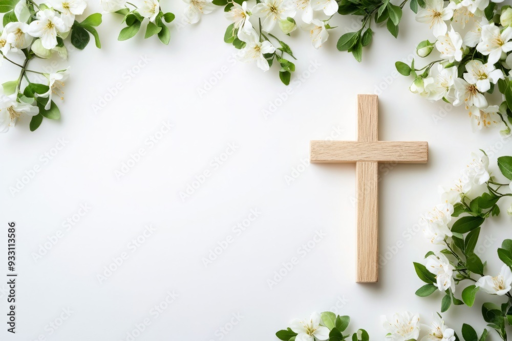 Easter background with a wooden cross and flowers on a white background Easter background with a wooden cross and flowers on a white background