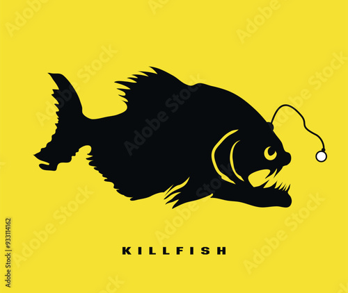 Black silhouette of an angry fish with sharp teeth on a yellow background