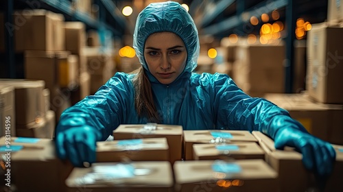 unrecognizable woman dropshipper working at home packing parcels coronavirus concept.jpg photo