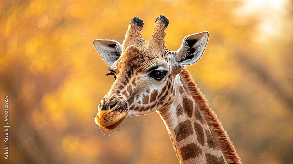 Obraz premium A giraffe with its head turned to the side and its tongue hanging out