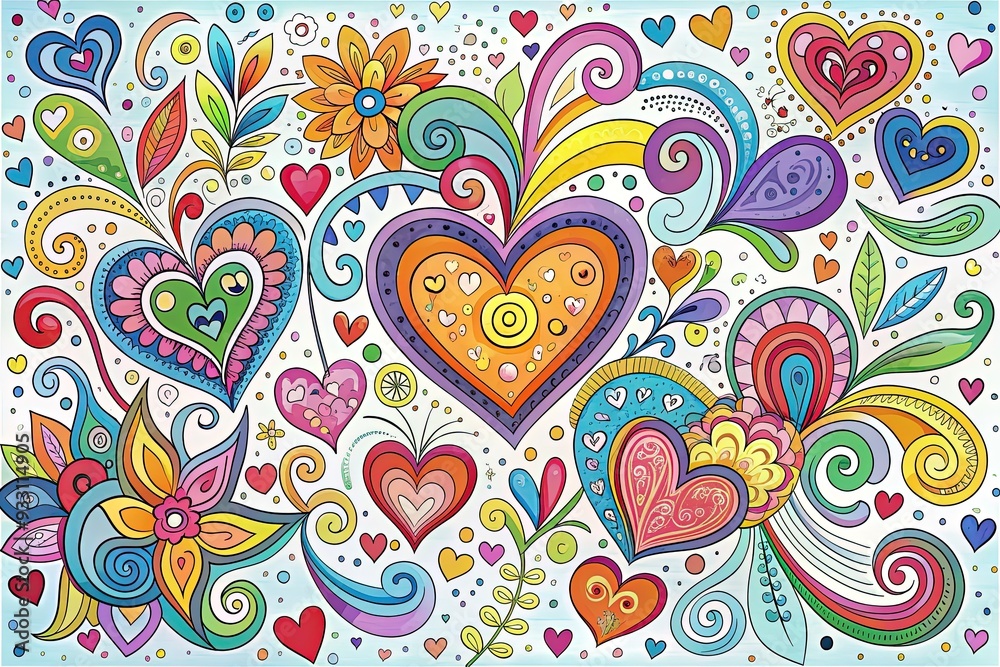 Naklejka premium Whimsical hand-drawn doodle design features colorful hearts, swirls, and patterns on a bright white background, conveying playfulness, creativity, and joyful romantic emotions.