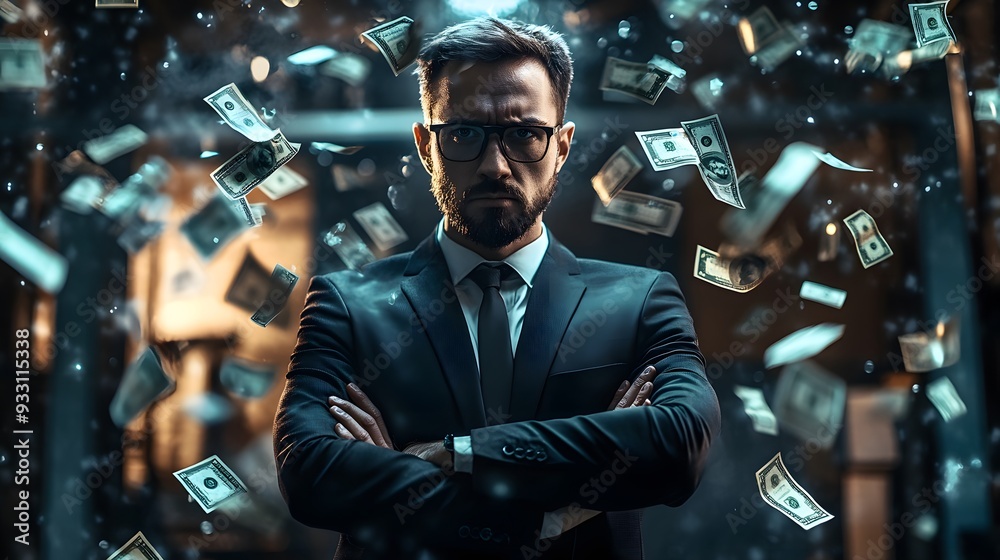 A man in a dark, sleek suit with crossed arms, surrounded by money falling in a crisp, high-speed blur, bright, focused lighting highlighting the currency, background blurred with cool, industrial A man in a dark, sleek suit with crossed arms, surrounded by money falling in a crisp, high-speed blur, bright, focused lighting highlighting the currency, background blurred with cool, industrial