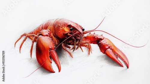  A red lobster in close-up, positioned against a pristine white background Water droplets decorate its face and legs