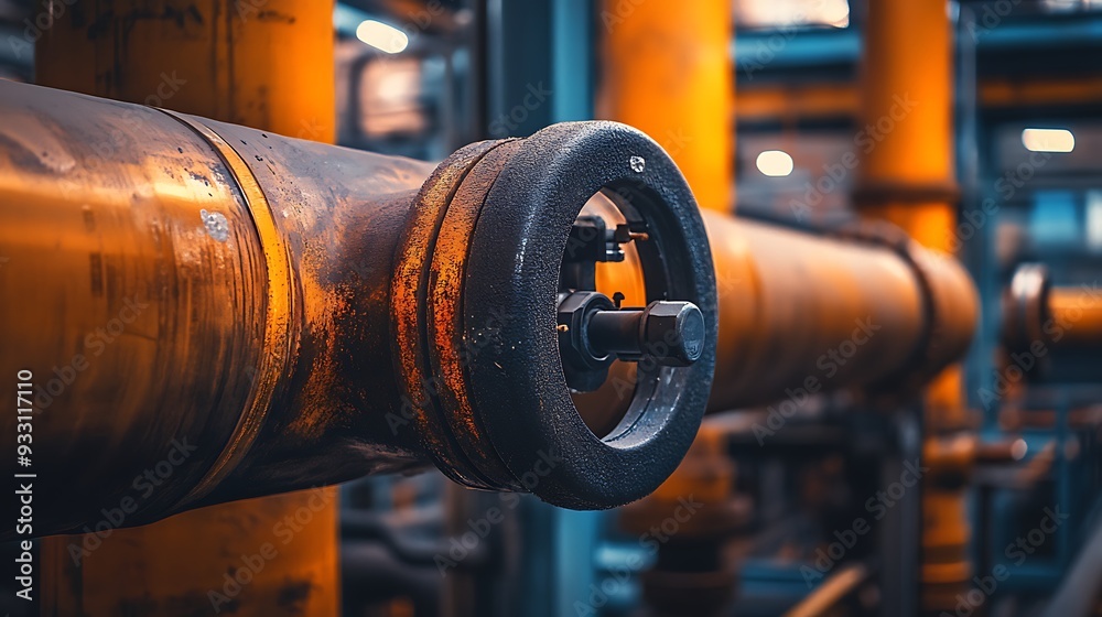 Close up of a large metal pipe with a black valve. Close up of a large metal pipe with a black valve.