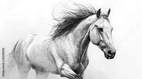 A monochrome image of a horse in motion, its mane fluttering with the wind against a white backdrop Another, static monochrome portrayal of a white equ