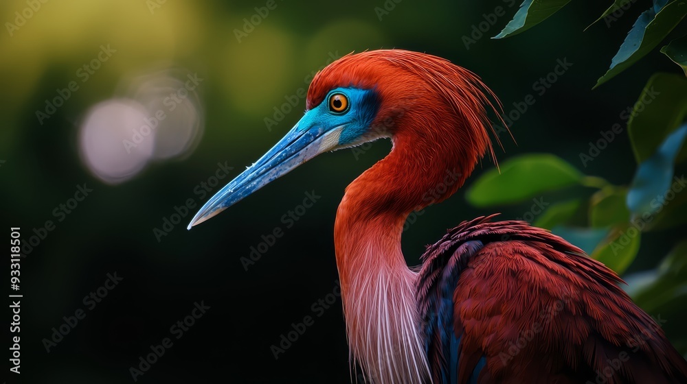 Obraz premium A tight shot of a long-billed bird with red and blue plumage, standing amongst green foliage