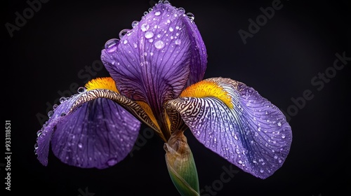  Apurple flowerwithdewdropsonpetals, closely framed against a black backdrop photo