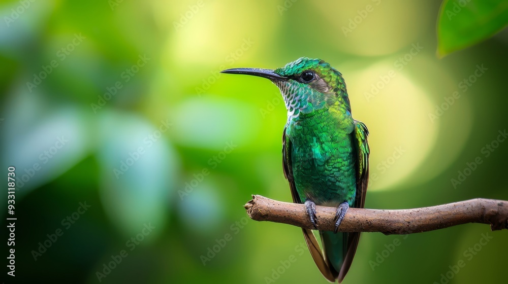 A green bird perches on a branch against a backdrop of green, leafy foliage The foreground features a softly blurred tree branch A green bird perches on a branch against a backdrop of green, leafy foliage The foreground features a softly blurred tree branch