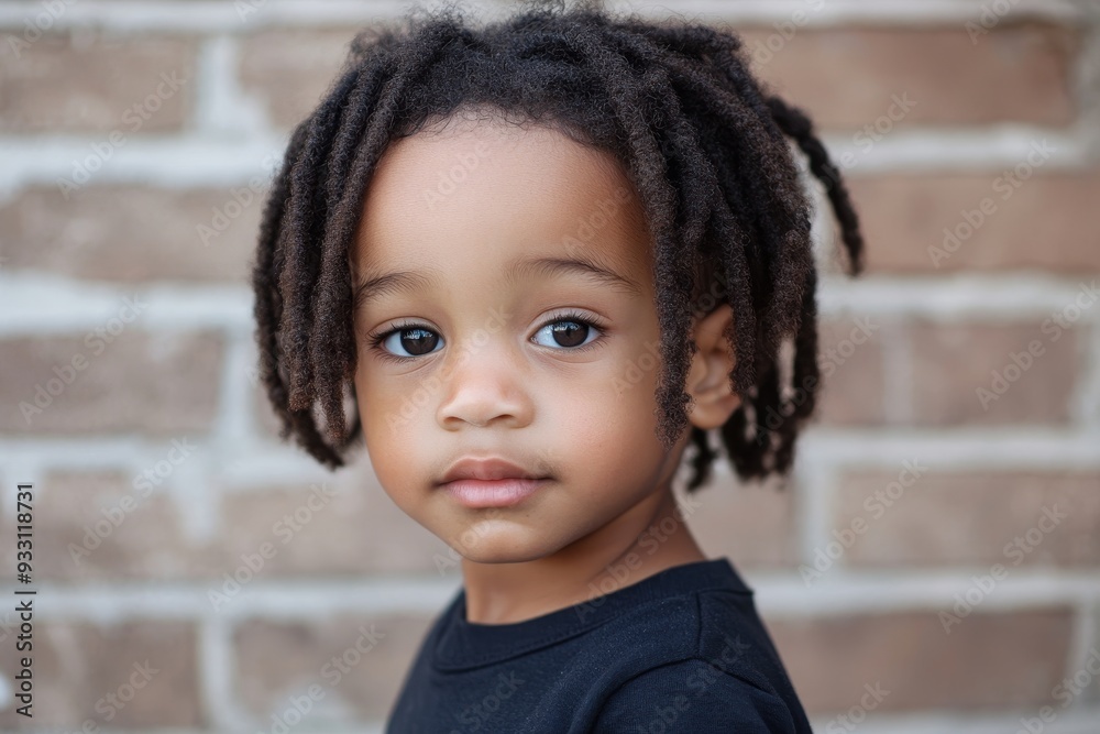 Close-up of a child's face with natural hair and deep brown eyes looking intently Close-up of a child's face with natural hair and deep brown eyes looking intently