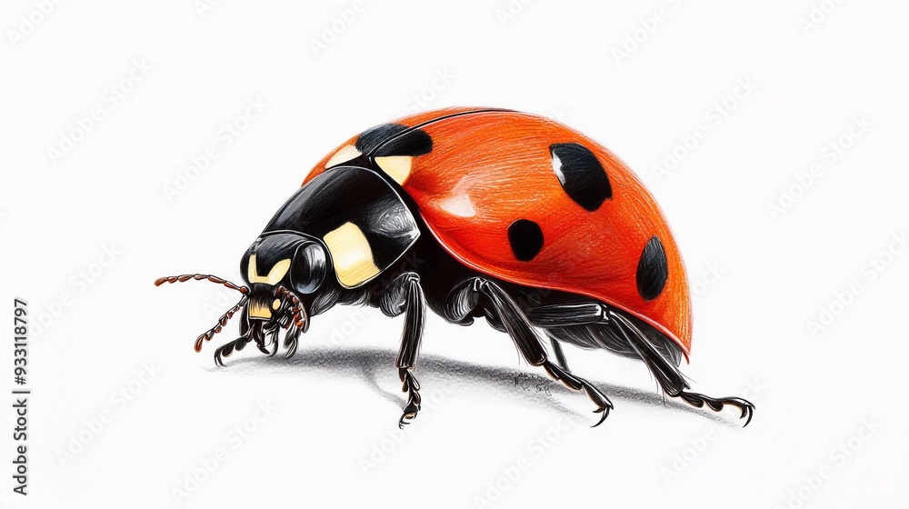 A ladybug depicting black dots on its red exoskeleton and a red spot with a black border on its back A ladybug depicting black dots on its red exoskeleton and a red spot with a black border on its back