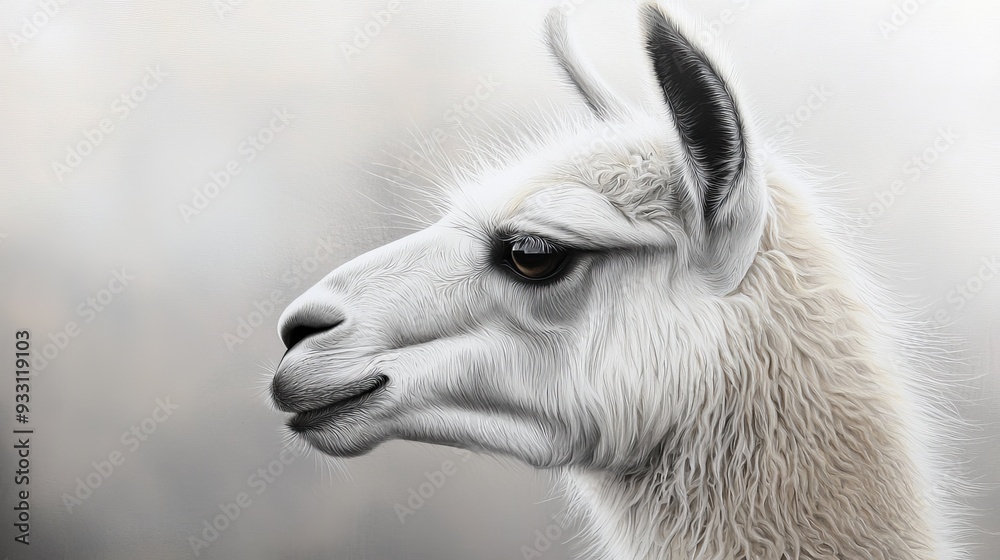 A llama's face in close-up, foggy backdrop shrouded, black & white background A llama's face in close-up, foggy backdrop shrouded, black & white background