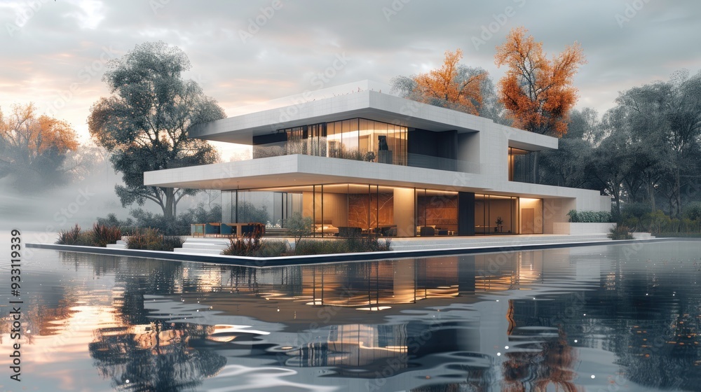Modern House with a Swimming Pool in a Misty Forest Modern House with a Swimming Pool in a Misty Forest
