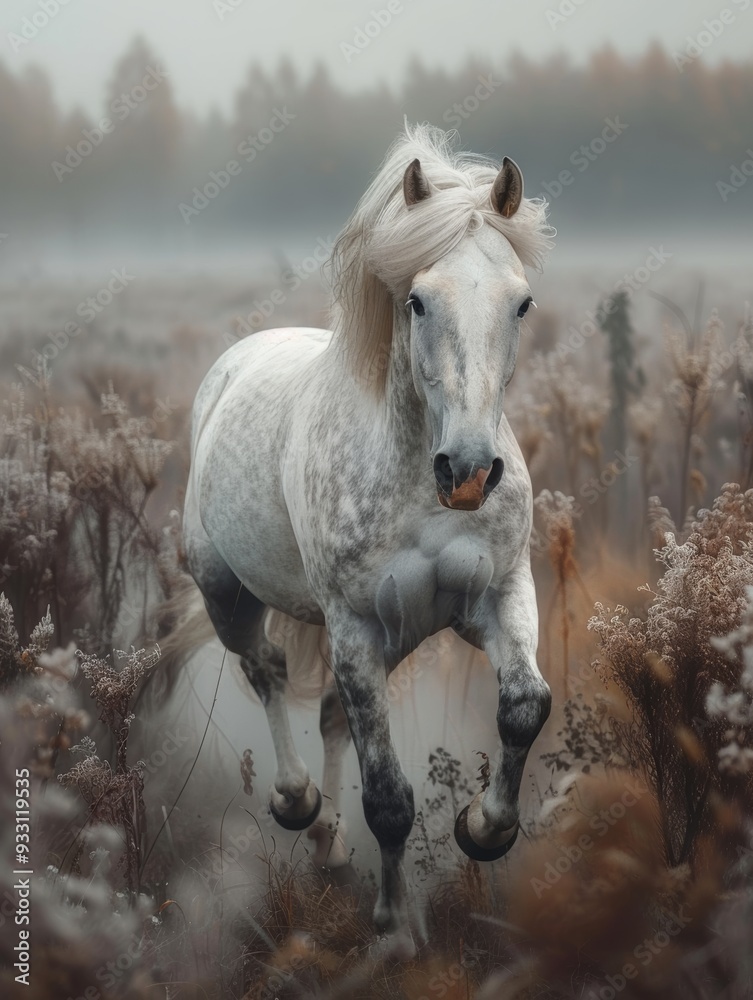 white horse gallops through the pristine snow of a winter field, embodying beauty and freedom. white horse gallops through the pristine snow of a winter field, embodying beauty and freedom.