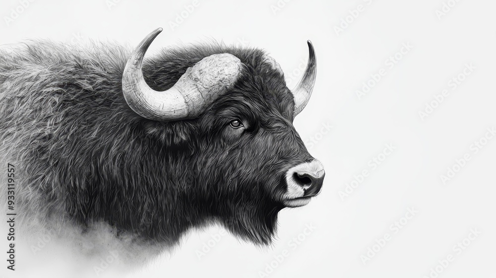 A black-and-white image of a bison's massive head with large, curved horns A black-and-white image of a bison's massive head with large, curved horns