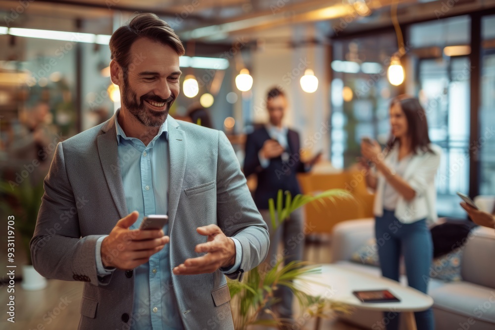 happy businessman, dressed in a business suit, exudes joy as he plans strategy with focused attention on the laptop screen in the modern office. happy businessman, dressed in a business suit, exudes joy as he plans strategy with focused attention on the laptop screen in the modern office.