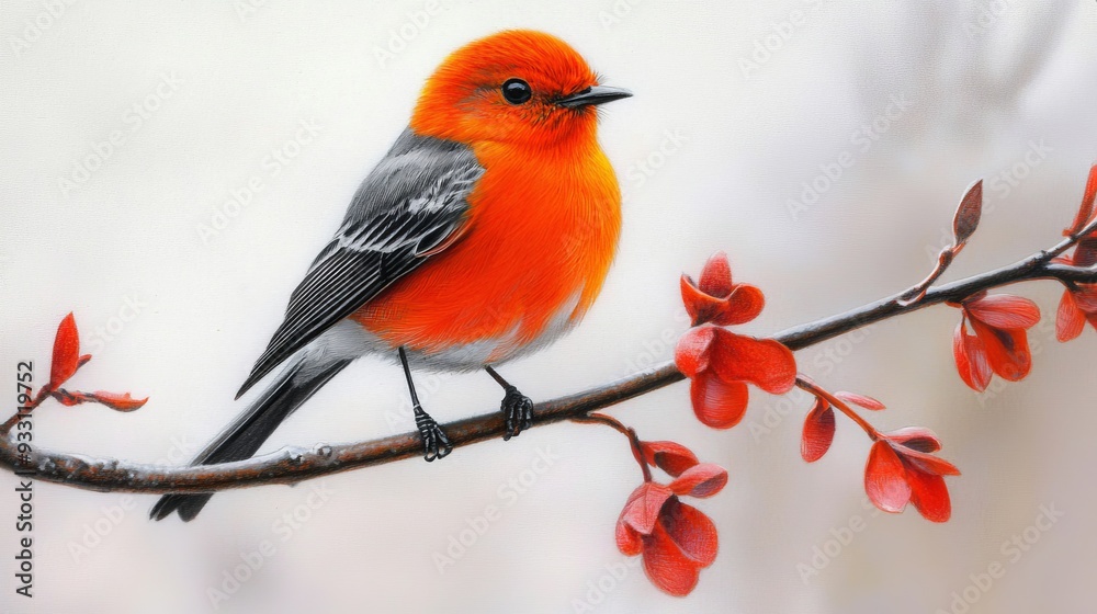 A red bird perches on a branch adorned with red flowers against a backdrop of white sky A red bird perches on a branch adorned with red flowers against a backdrop of white sky