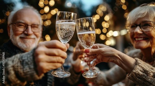 Elderly friends clink glasses of champagne as they enjoy Christmas dinner at home. Happy elderly men and women celebrating new year or christmas, drinking sparkling wine together