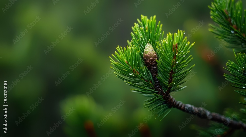 Close-up of a pine branch with a sharp focus on a pine cone at its center, while the background subtly blurs Close-up of a pine branch with a sharp focus on a pine cone at its center, while the background subtly blurs