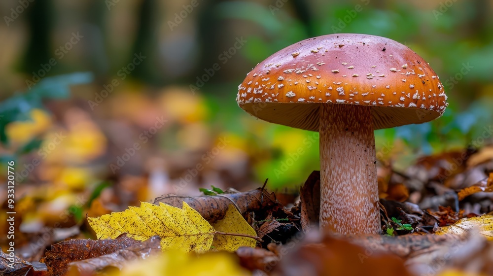 A tight shot of a mushroom resting on the forest floor, surrounded by leaves in the foreground, and a softly blurred background A tight shot of a mushroom resting on the forest floor, surrounded by leaves in the foreground, and a softly blurred background