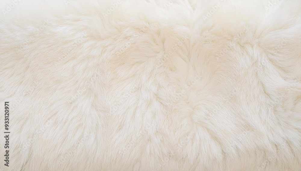 Background picture of a soft fur white carpet. wool sheep fleece closeup texture background. Fake color beige fur fabric. top view.
