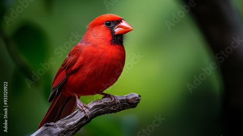  A red bird perches on a tree branch, contrasting against the green leaves The branch's texture is distinct, while the background softly blurs