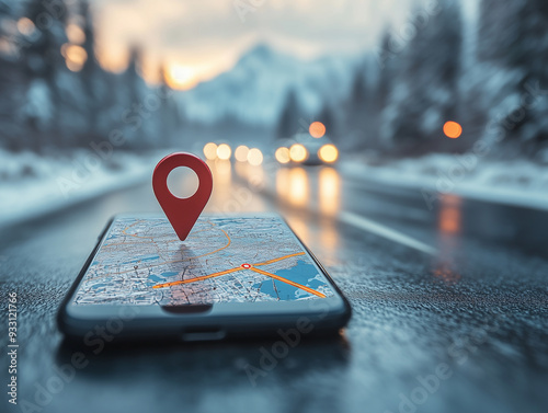 Mobile map navigation with a pin on a snowy road at dusk photo