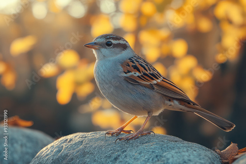 A small bird sitting on a drone, enjoying a ride through a sunny park,