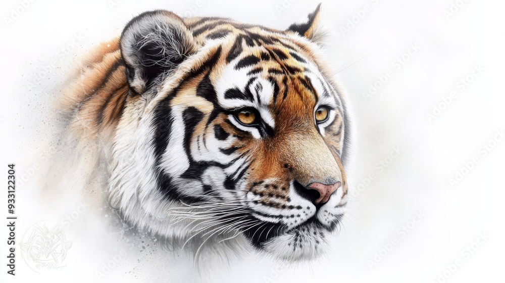 Close-up of a tiger's face against a white background Blurred tiger head image in the background Close-up of a tiger's face against a white background Blurred tiger head image in the background