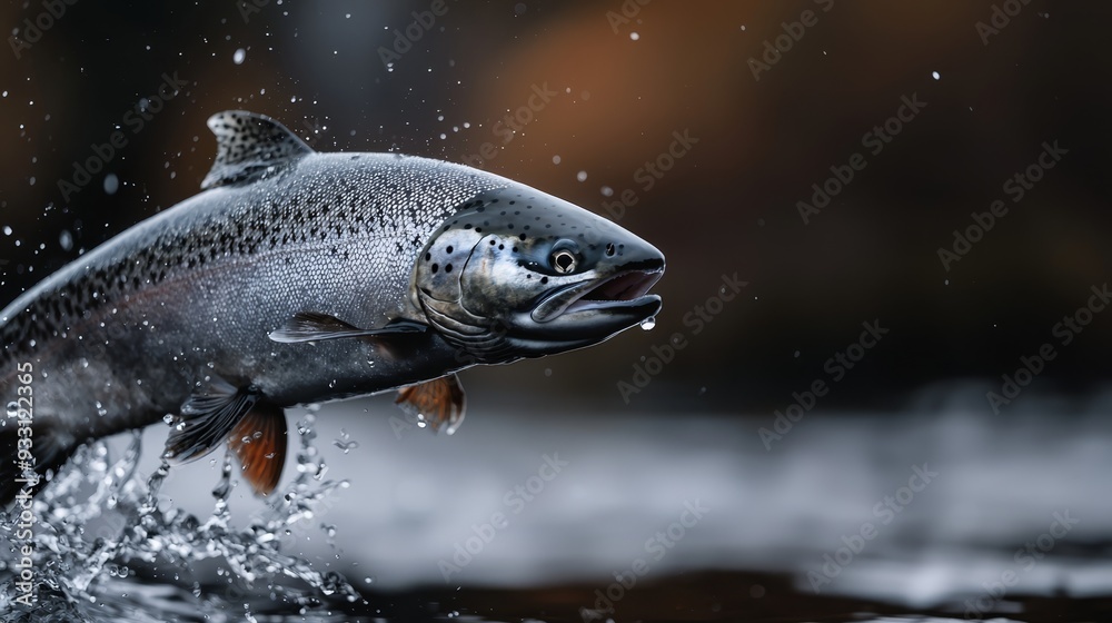 A fish leaps from the water, mouth agape, head clearing the surface A fish leaps from the water, mouth agape, head clearing the surface