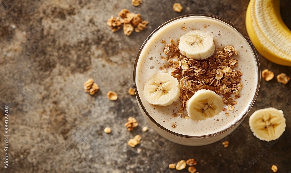 A glass of smoothie with banana and granola on top A glass of smoothie with banana and granola on top