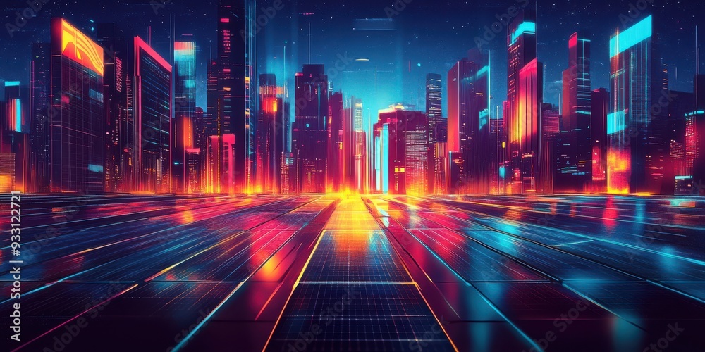 Trendy creative illustration, solar panels in a futuristic cityscape, sleek design, neon lights Trendy creative illustration, solar panels in a futuristic cityscape, sleek design, neon lights