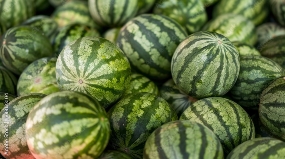Freshly harvested watermelons displaying green stripes are stacked together at a bustling market during the summer season