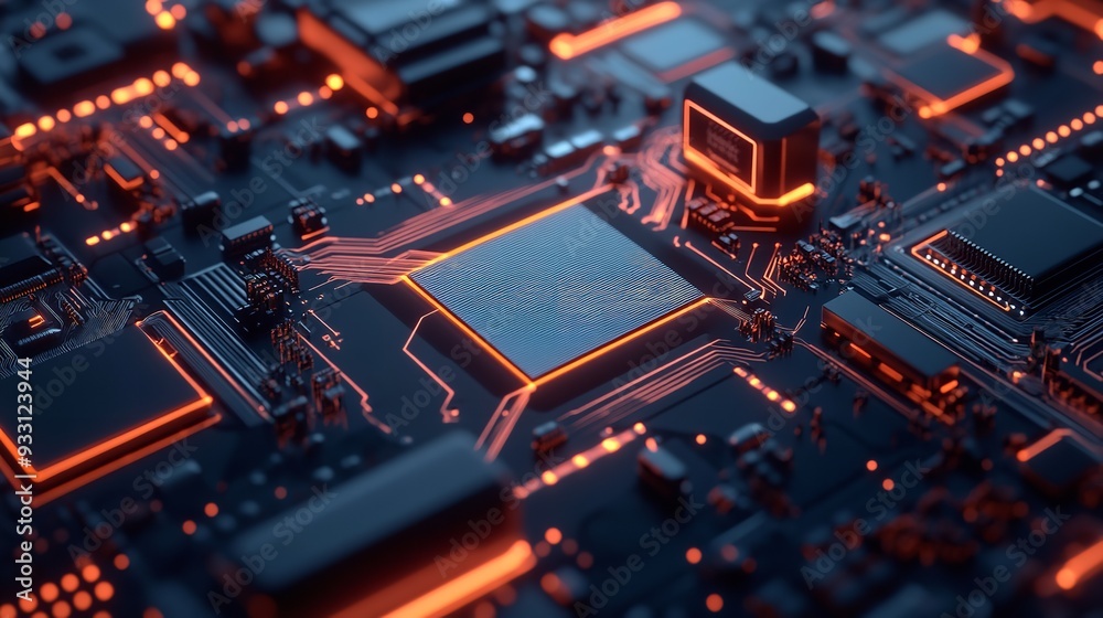 Show a 3D rendering of a circuit board with layered components and blank space for adding text, perfect for tech presentations or brochures. Show a 3D rendering of a circuit board with layered components and blank space for adding text, perfect for tech presentations or brochures.
