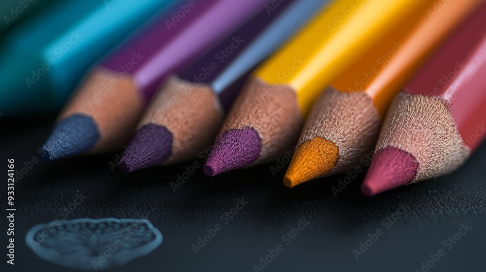  A line of colorful pencils aligned on a black surface, bearing a logo