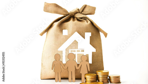 Money Bag Icon with House and Family Symbols on White Background, Paper Texture Tote Bag Outline, Cardboard Family Figures Holding Hands