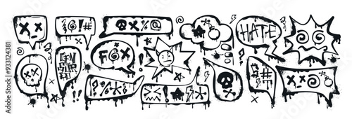 Graffiti spray paint speech bubbles or dialogue boxes with swear words, insults, skull, bomb icon, censored with symbols. Hand drawn inky swearwords with splatters. Negative emotions, anger, bad mood.