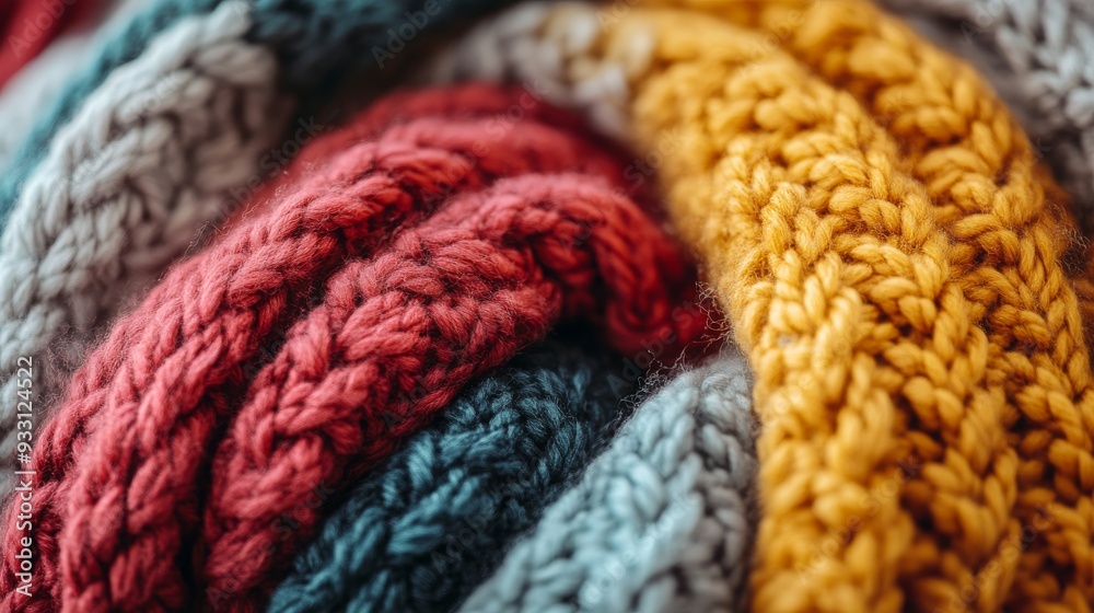 Close up of a textured knitted sweater in warm autumn colors during fall season Close up of a textured knitted sweater in warm autumn colors during fall season