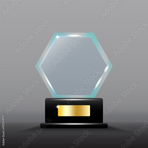 Hexagonal glass trophy. Shiny gold plaque detail. Dark grey background. Elegant vector design.